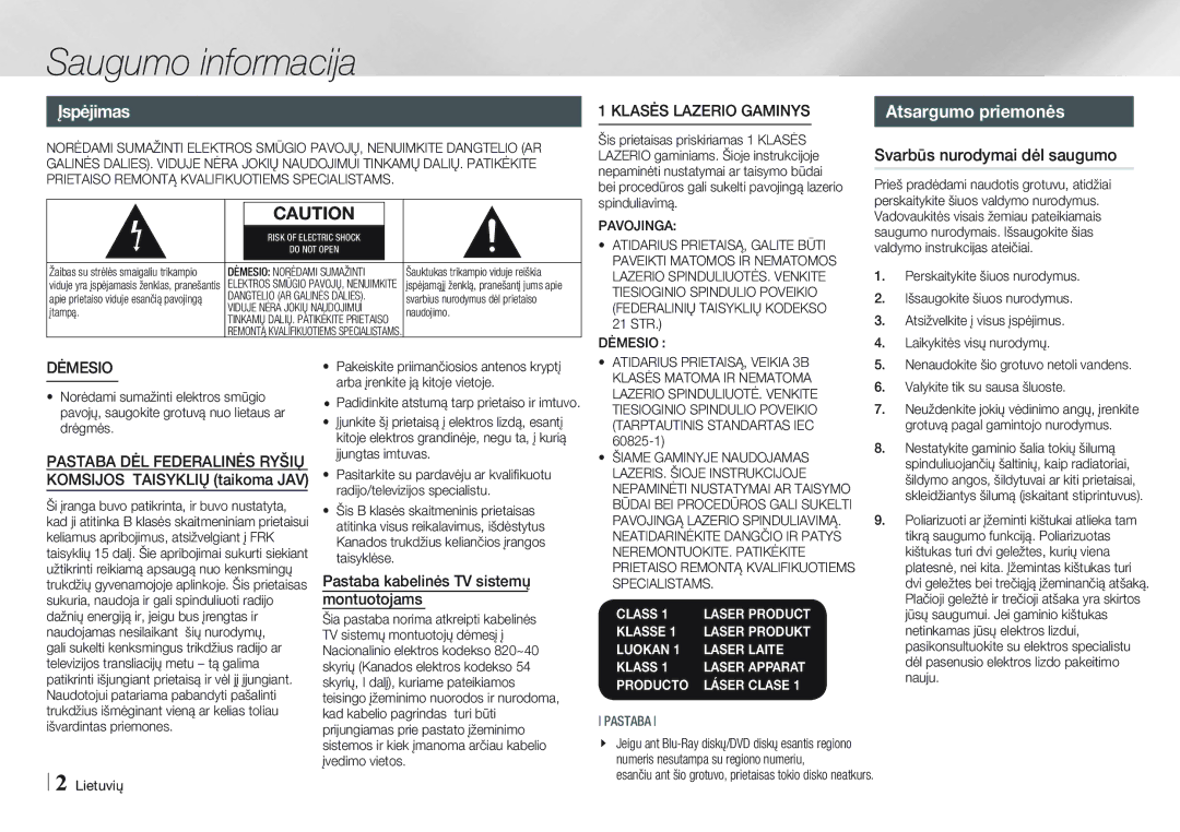 Samsung BD-E5500/EN manual Saugumo informacija, Įspėjimas, Atsargumo priemonės 