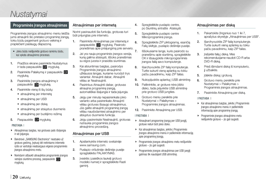 Samsung BD-E5500/EN manual Atnaujinimas per internetą, Atnaujinimas per USB, Atnaujinimas per diską 