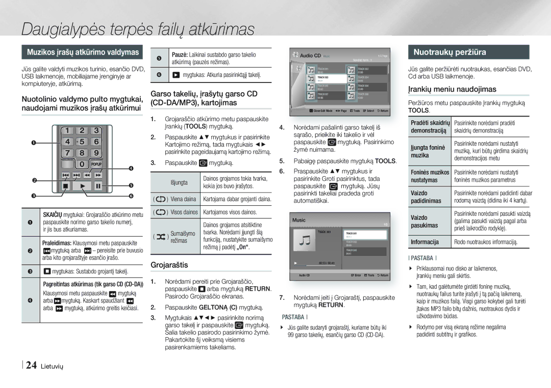 Samsung BD-E5500/EN manual Nuotraukų peržiūra, Garso takelių, įrašytų garso CD CD-DA/MP3, kartojimas, Grojaraštis, Tools 