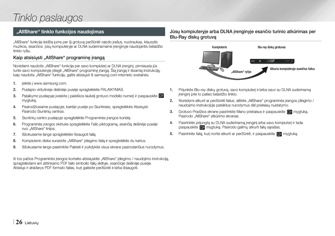 Samsung BD-E5500/EN manual „AllShare tinklo funkcijos naudojimas, Kaip atsisiųsti „AllShare programinę įrangą 