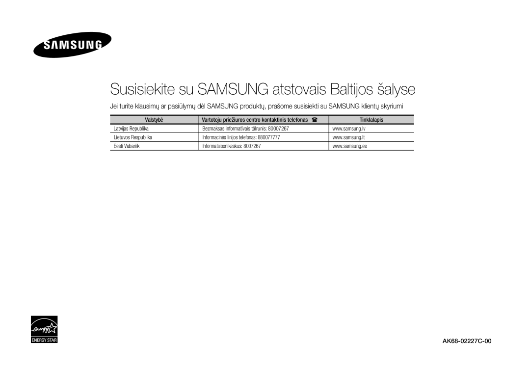 Samsung BD-E5500/EN manual Valstybė, Tinklalapis, Vartotoju priežiuros centro kontaktinis telefonas 