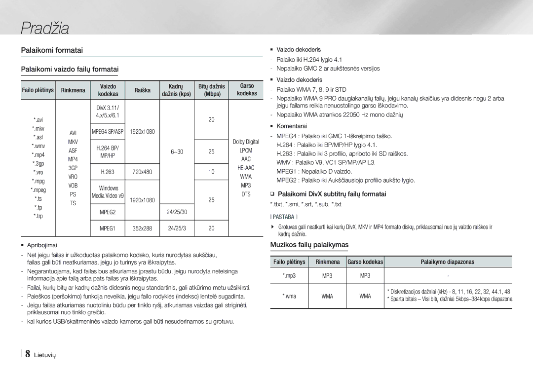 Samsung BD-E5500/EN manual Palaikomi formatai Palaikomi vaizdo failų formatai, Muzikos failų palaikymas 