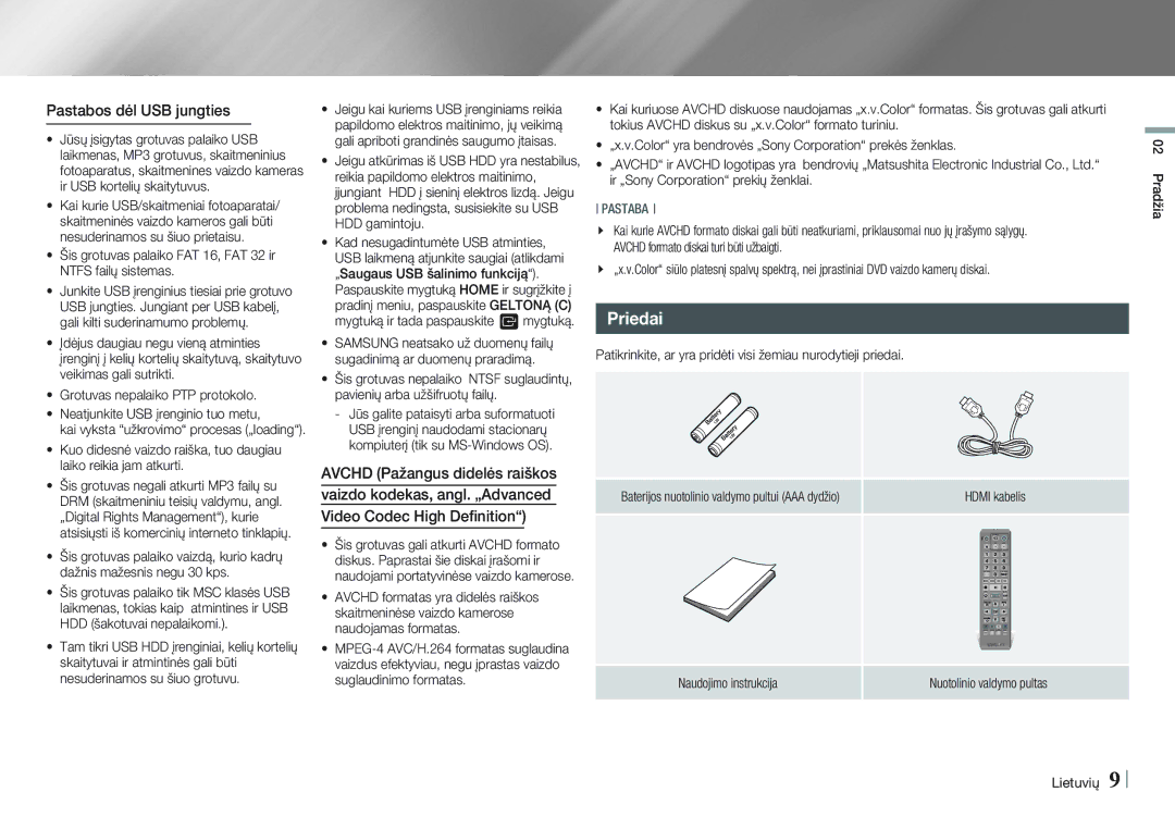 Samsung BD-E5500/EN manual Priedai, Pastabos dėl USB jungties, Naudojimo instrukcija,  ?BJCOQE?BāJPQIǅPC31 ?PIāJPāCO 