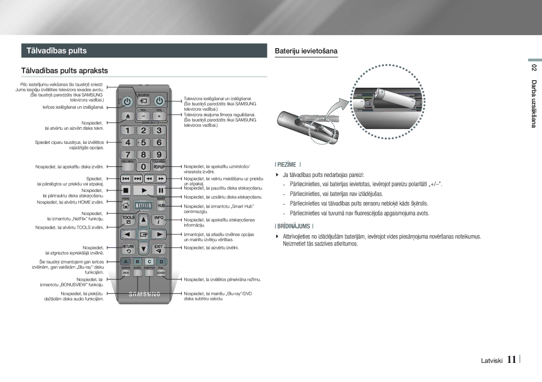 Samsung BD-E5500/EN manual Tālvadības pults apraksts Bateriju ievietošana, Darba uzsākšana 