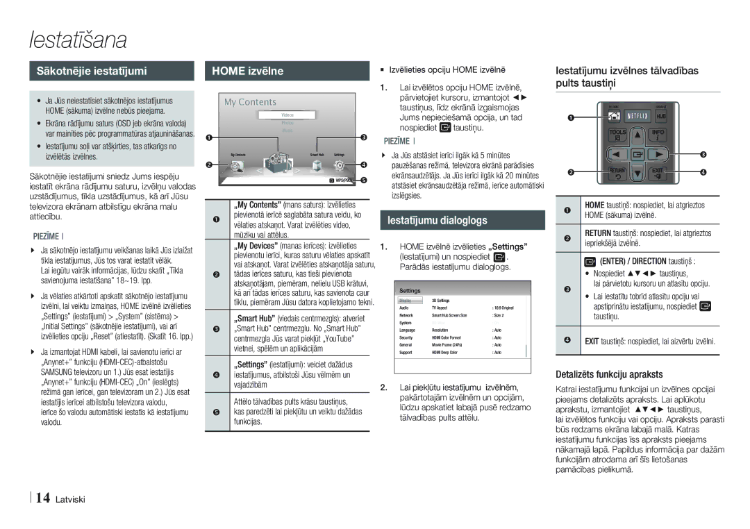 Samsung BD-E5500/EN manual Iestatīšana, Sākotnējie iestatījumi, Home izvēlne, Iestatījumu dialoglogs 