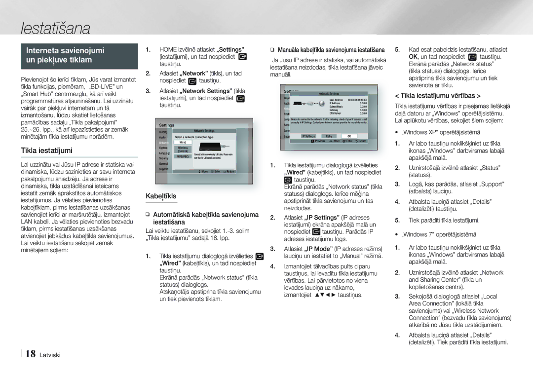 Samsung BD-E5500/EN manual Interneta savienojumi un piekļuve tīklam, Tīkla iestatījumi, Tīkla iestatījumu vērtības 