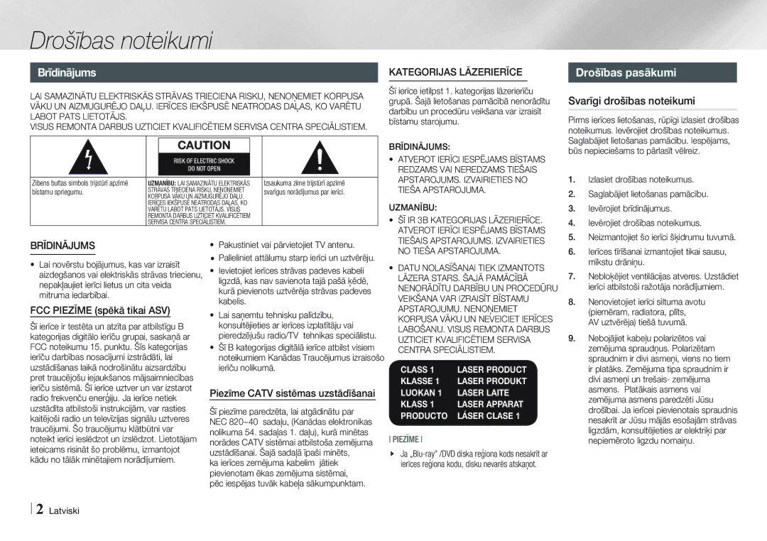 Samsung BD-E5500/EN manual Drošības noteikumi, Brīdinājums, Drošības pasākumi 