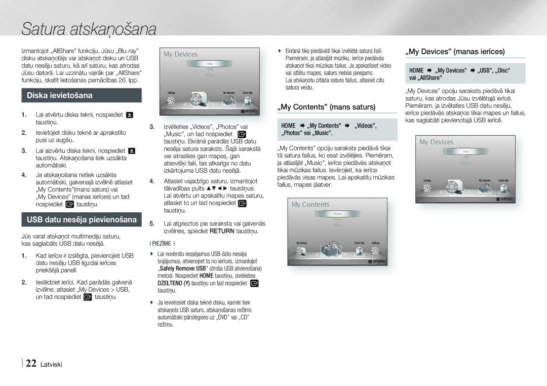 Samsung BD-E5500/EN manual Satura atskaņošana, Diska ievietošana, USB datu nesēja pievienošana, „My Contents mans saturs 