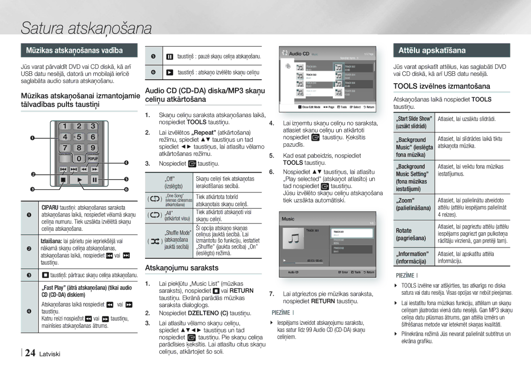 Samsung BD-E5500/EN Mūzikas atskaņošanas vadība, Attēlu apskatīšana, Audio CD CD-DA diska/MP3 skaņu celiņu atkārtošana 