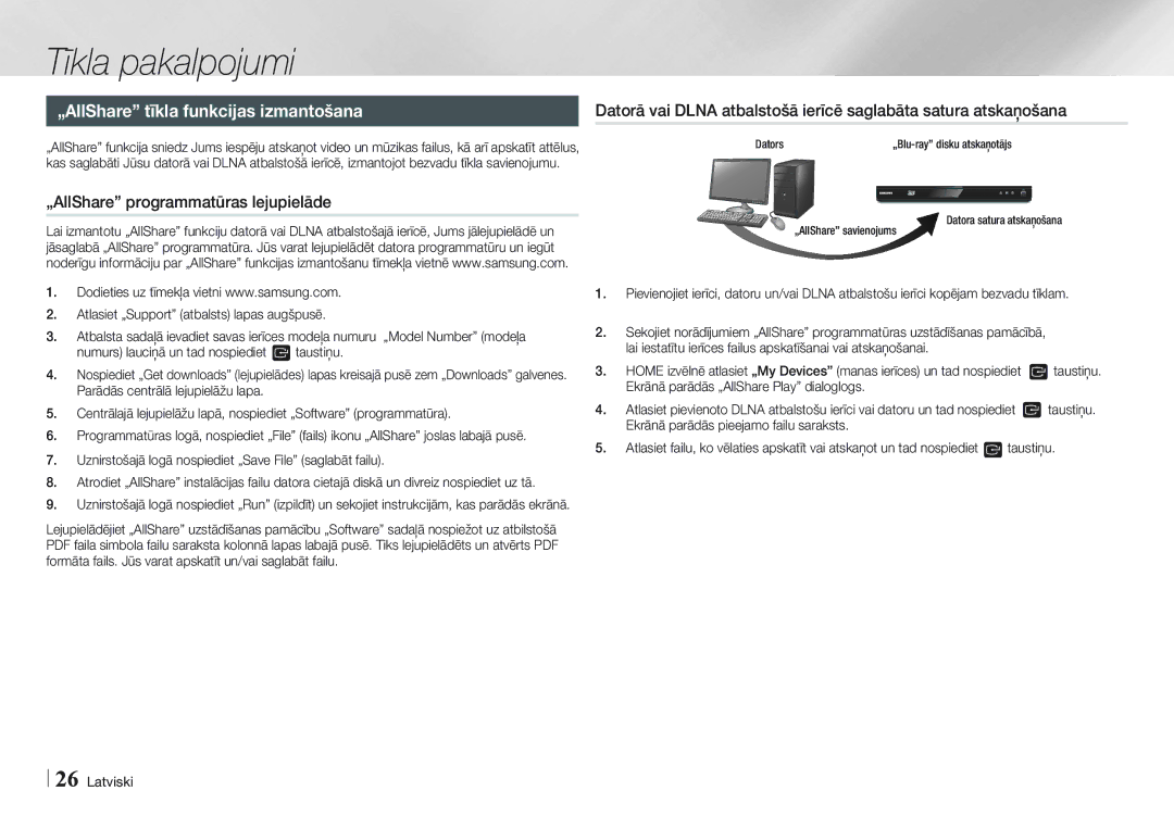 Samsung BD-E5500/EN manual „AllShare tīkla funkcijas izmantošana, „AllShare programmatūras lejupielāde 