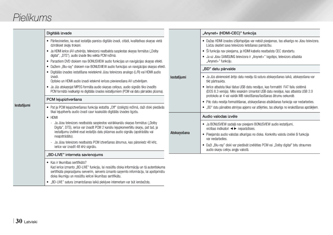 Samsung BD-E5500/EN manual PCM lejupiztveršana,  Hdmi, „Anynet+ HDMI-CEC funkcija, „Anynet+ funkciju, „BD datu pārvalde 