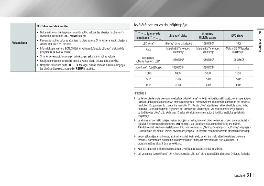 Samsung BD-E5500/EN manual Izvēlētā satura veida izšķirtspēja, Atskaņošana Subtitru valodas izvēle 