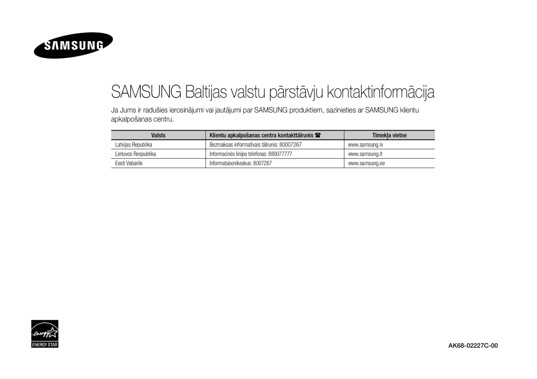 Samsung BD-E5500/EN manual Samsung Baltijas valstu pārstāvju kontaktinformācija 