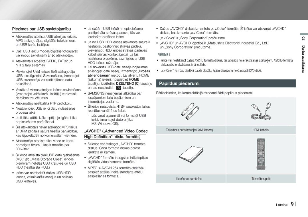 Samsung BD-E5500/EN manual Papildus piederumi, Piezīmes par USB savietojamību, Lietošanas pamācība 