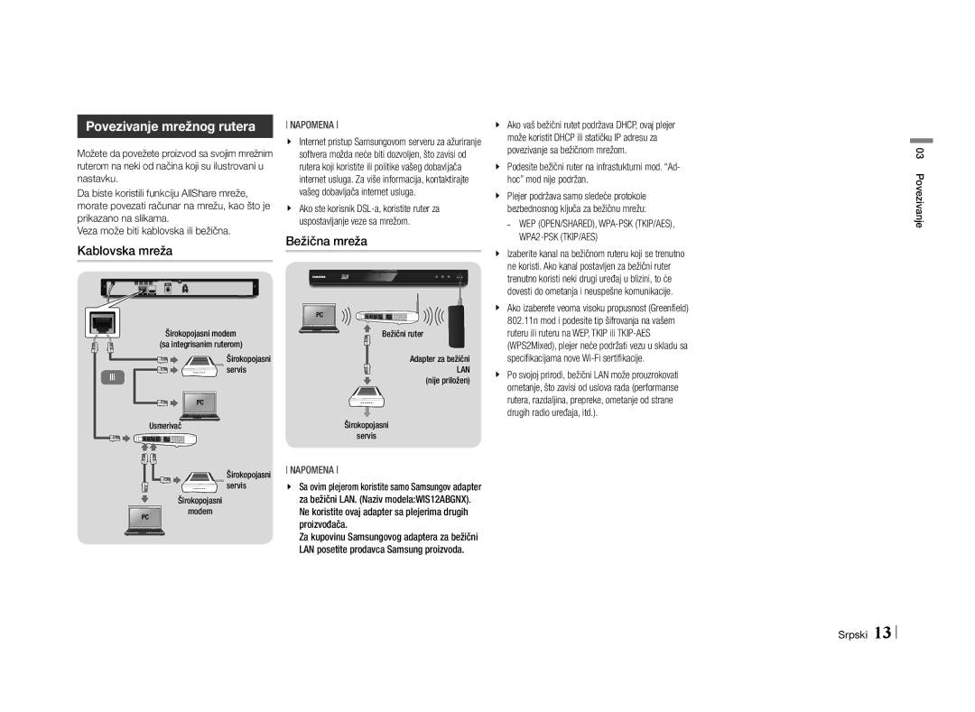 Samsung BD-E5500/EN manual Povezivanje mrežnog rutera, Kablovska mreža, Bežična mreža 