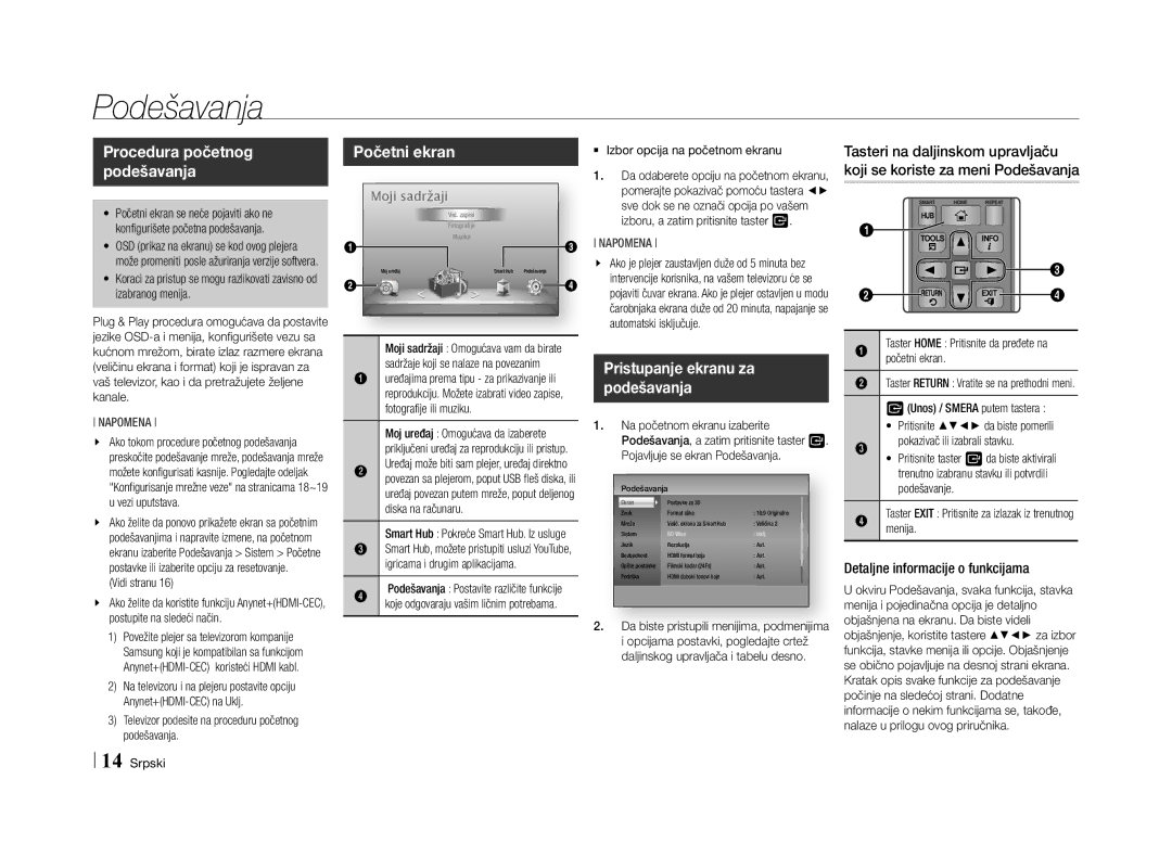 Samsung BD-E5500/EN manual Podešavanja, Procedura početnog podešavanja, Početni ekran, Pristupanje ekranu za podešavanja 