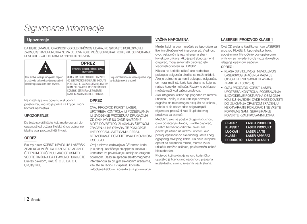 Samsung BD-E5500/EN manual Sigurnosne informacije, Upozorenje 