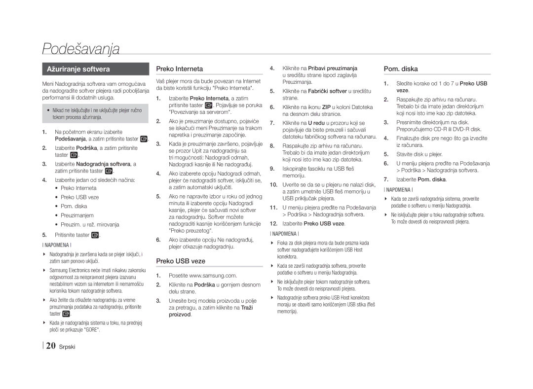 Samsung BD-E5500/EN manual Ažuriranje softvera, Preko Interneta, Pom. diska, Preko USB veze 