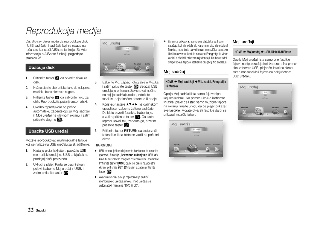Samsung BD-E5500/EN manual Reprodukcija medija, Ubacuje disk, Ubacite USB uređaj, Moj sadržaj, Moji uređaji 