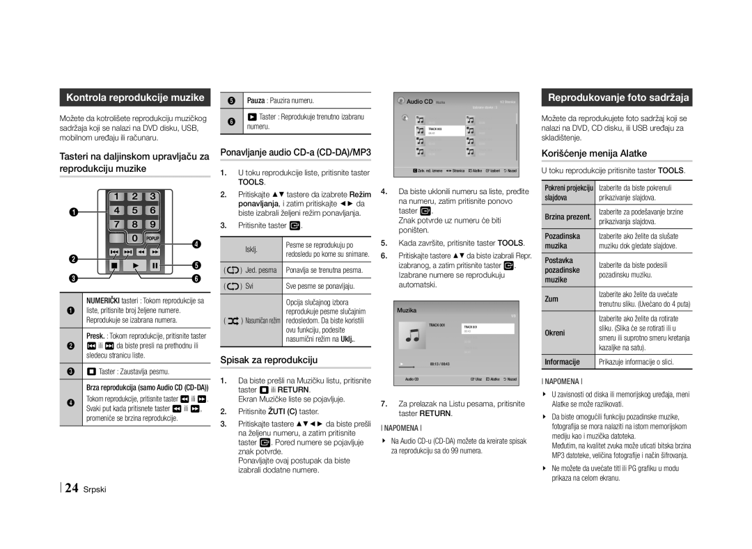 Samsung BD-E5500/EN manual Kontrola reprodukcije muzike, Reprodukovanje foto sadržaja, Tasteri na daljinskom upravljaču za 