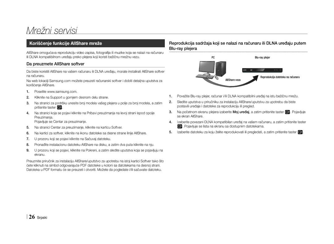 Samsung BD-E5500/EN manual Korišćenje funkcije AllShare mreže, Da preuzmete AllShare softver, Blu-ray plejer, AllShare veza 