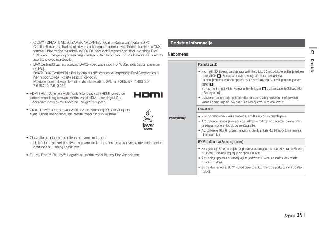 Samsung BD-E5500/EN manual Dodatne informacije, Napomena 