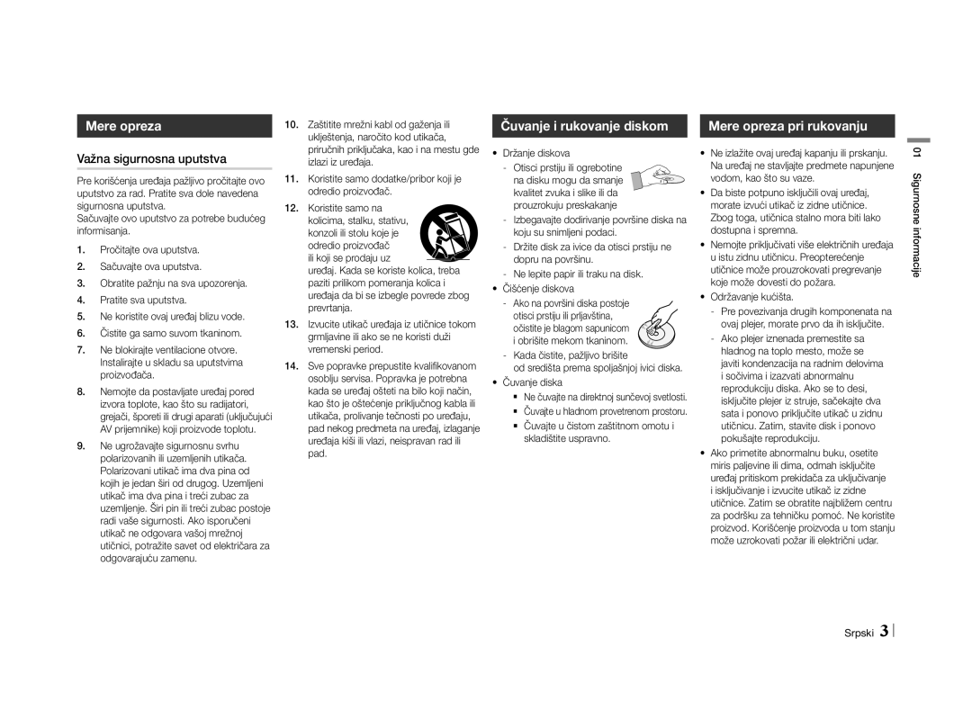 Samsung BD-E5500/EN manual Čuvanje i rukovanje diskom, Mere opreza pri rukovanju, Važna sigurnosna uputstva 