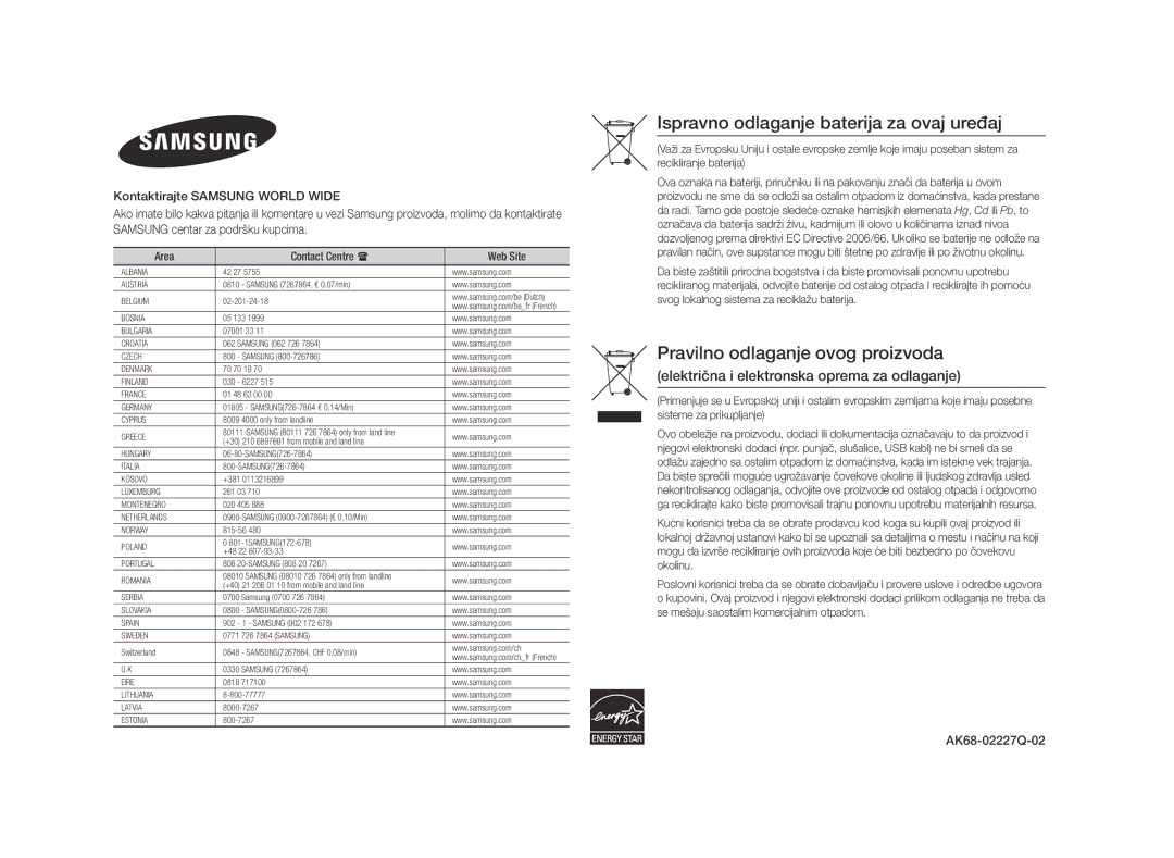 Samsung BD-E5500/EN manual Ispravno odlaganje baterija za ovaj uređaj, AK68-02227Q-02 