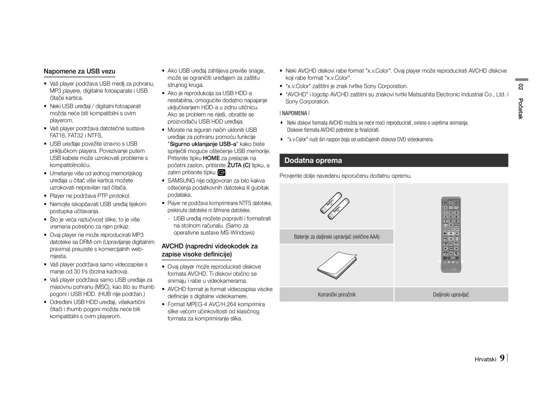 Samsung BD-E5500/EN manual Dodatna oprema, Napomene za USB vezu, Avchd napredni videokodek za zapise visoke definicije 