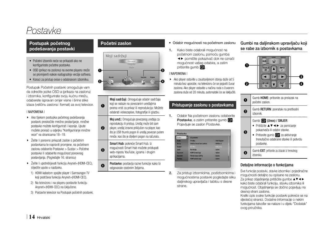 Samsung BD-E5500/EN manual Postavke, Postupak početnog podešavanja postavki, Početni zaslon 