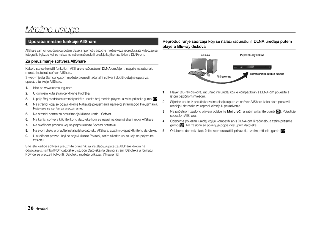 Samsung BD-E5500/EN manual Uporaba mrežne funkcije AllShare, Za preuzimanje softvera AllShare 