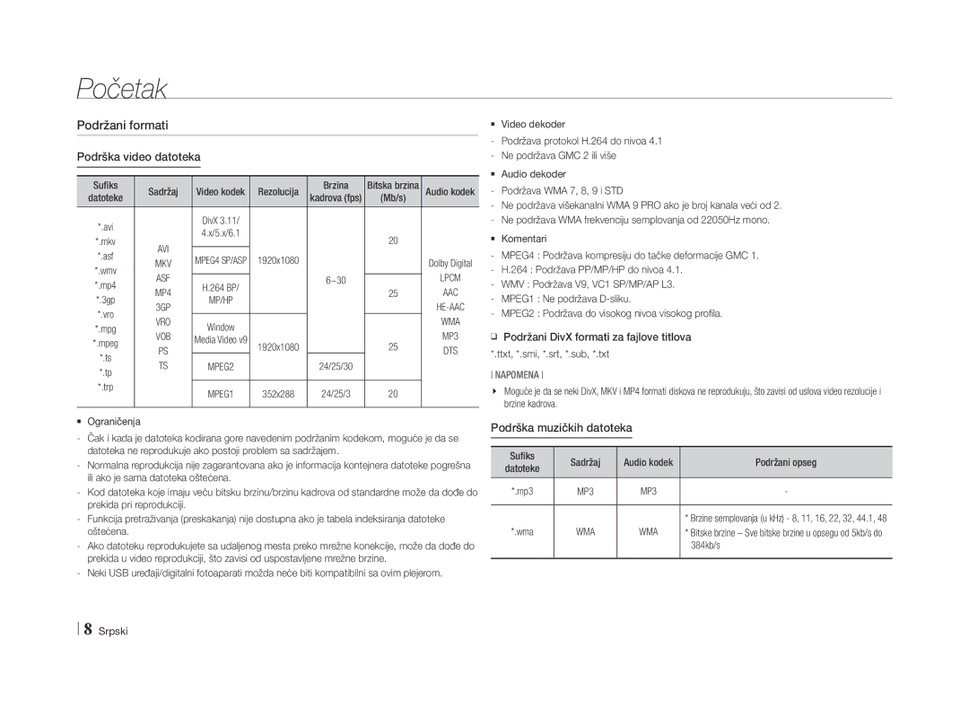 Samsung BD-E5500/EN manual Podržani formati Podrška video datoteka, Podrška muzičkih datoteka, Vro, Wma 