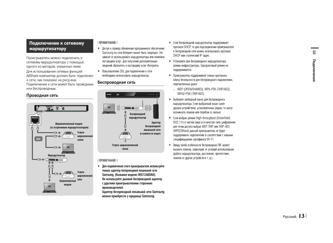 Samsung BD-E5500/RU manual Подключение к сетевому маршрутизатору, Проводная сеть, Беспроводная сеть, 03 Подключения 