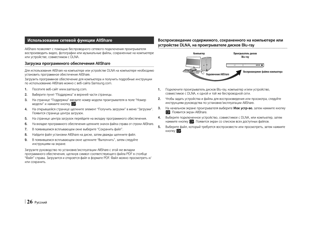 Samsung BD-E5500/RU manual Использование сетевой функции AllShare, Загрузка программного обеспечения AllShare, Blu-ray 