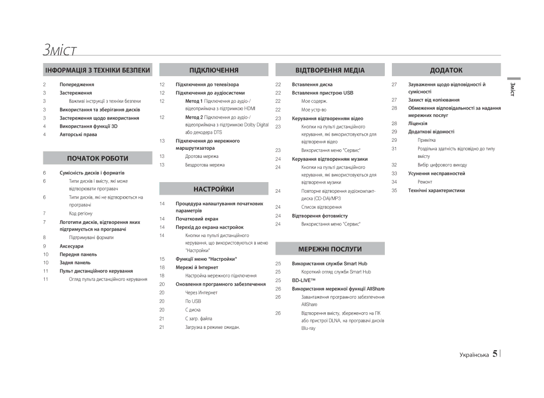 Samsung BD-E5500/RU manual Зміст Українська 