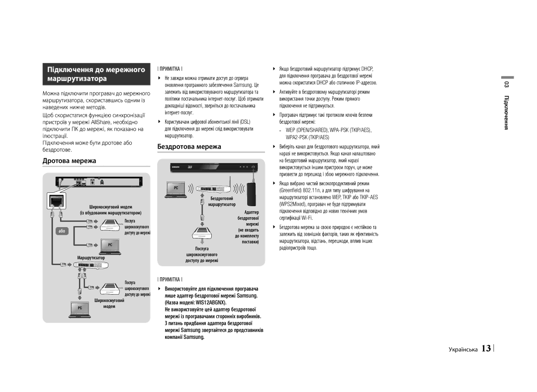 Samsung BD-E5500/RU manual Підключення до мережного маршрутизатора, Дротова мережа, Бездротова мережа, 03 Підключення 