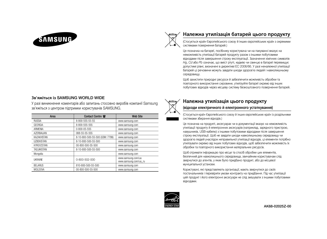 Samsung BD-E5500/RU manual Належна утилізація батарей цього продукту, Зв’яжіться із Samsung World Wide 