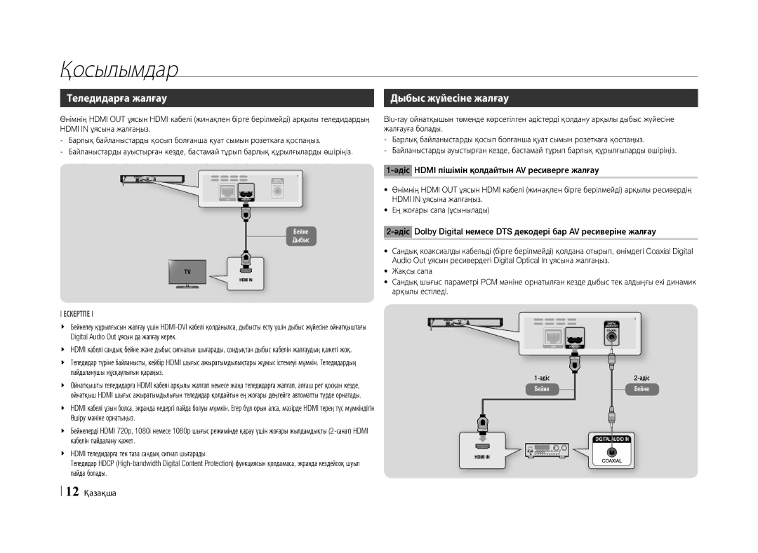 Samsung BD-E5500/RU Қосылымдар, Теледидарға жалғау, Дыбыс жүйесіне жалғау, Әдіс Hdmi пішімін қолдайтын AV ресиверге жалғау 