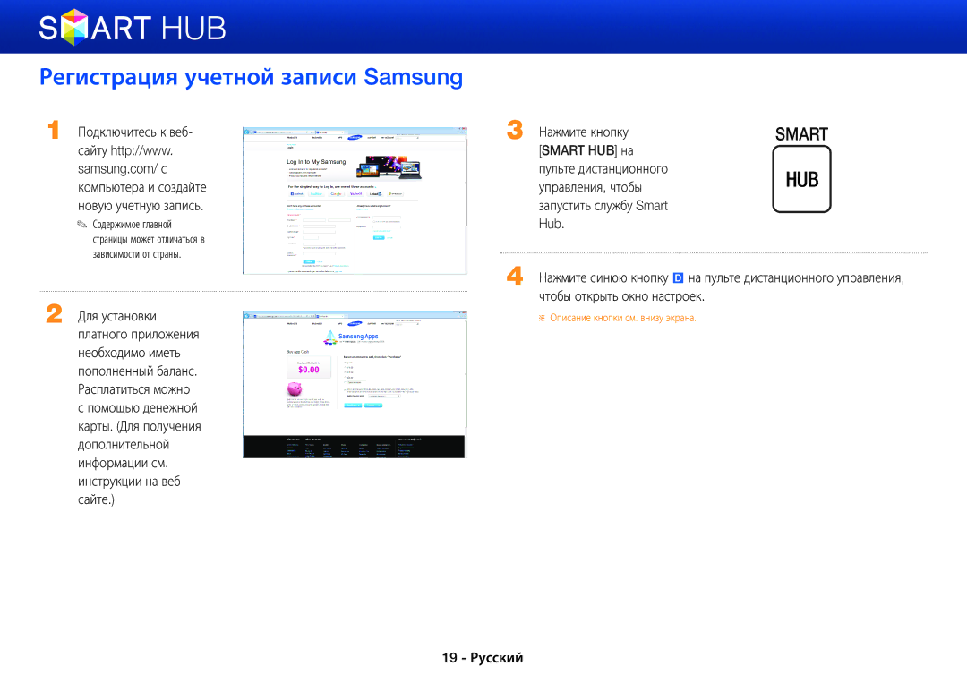 Samsung BD-E5500/RU manual Регистрация учетной записи Samsung, Smart HUB на 