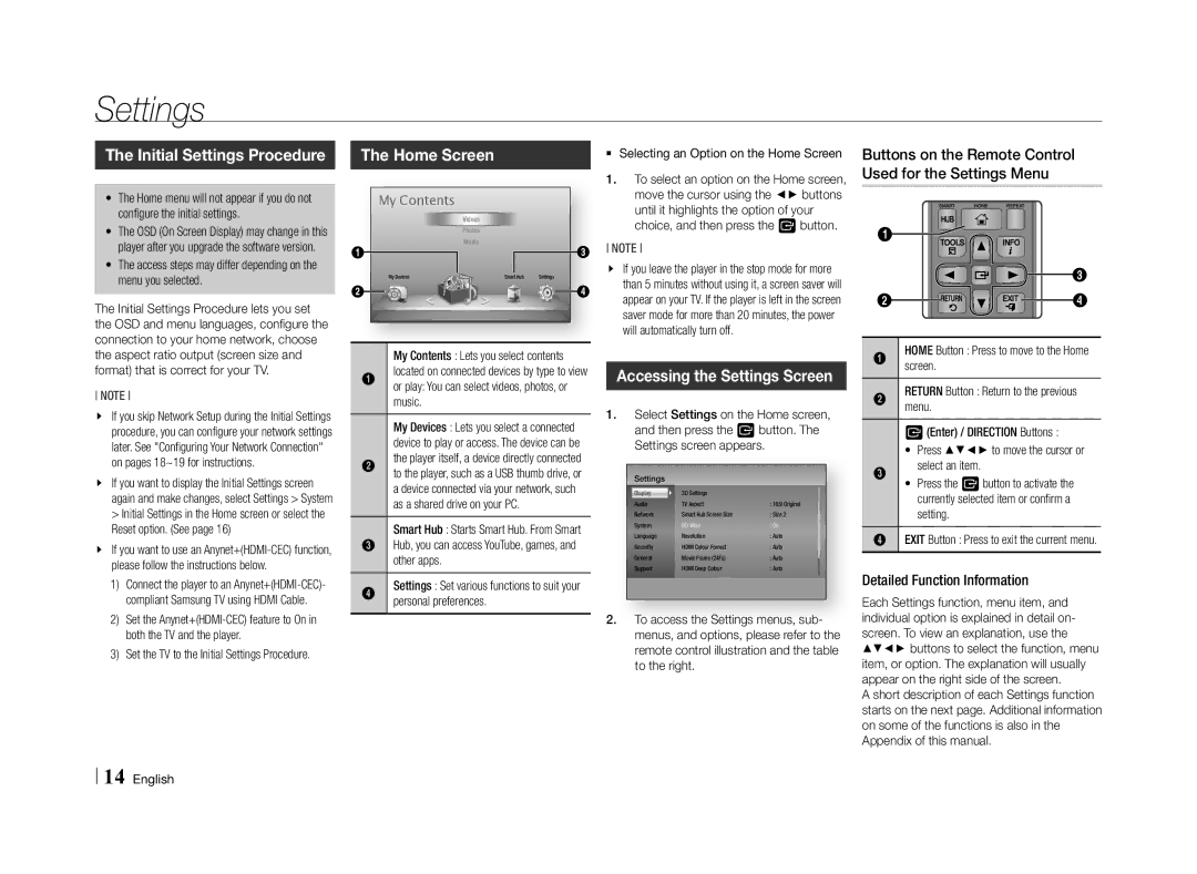 Samsung BD-E5500/SQ manual Initial Settings Procedure, Home Screen, Accessing the Settings Screen 