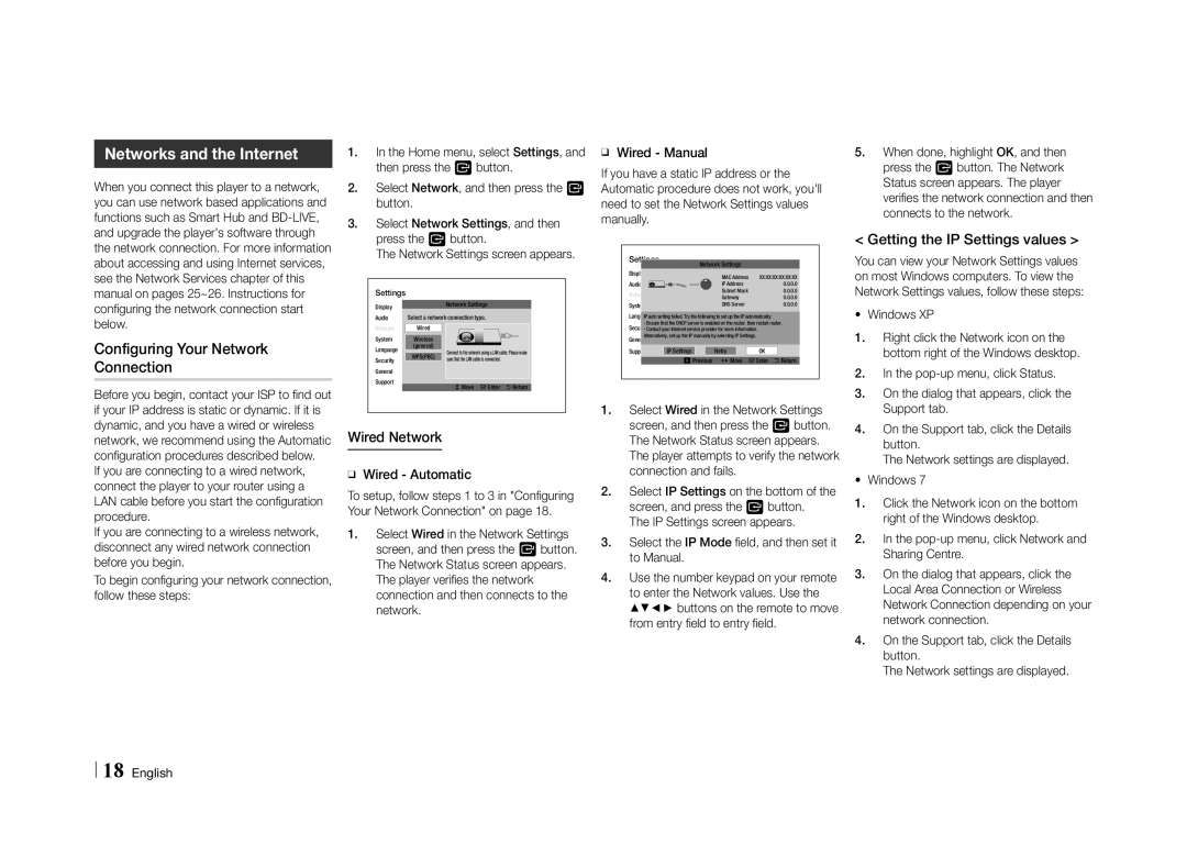 Samsung BD-E5500/SQ manual Networks and the Internet, Configuring Your Network Connection, Getting the IP Settings values 