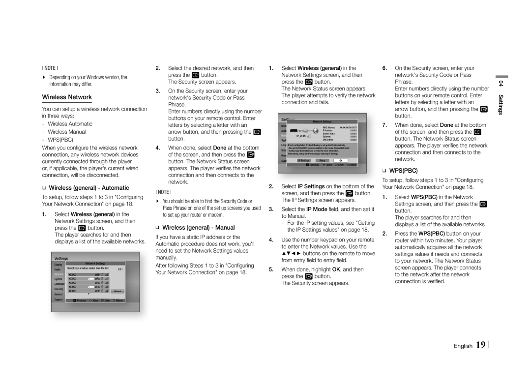 Samsung BD-E5500/SQ ĞĞ Wireless general Automatic, ĞĞ Wireless general Manual, IP Settings values on, Settings English 