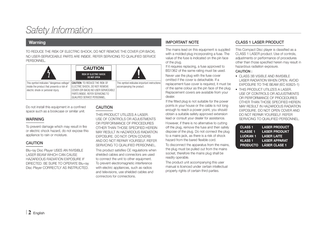 Samsung BD-E5500/SQ manual Safety Information, Class 1 Laser product, Class 3B Visible and Invisible, English 