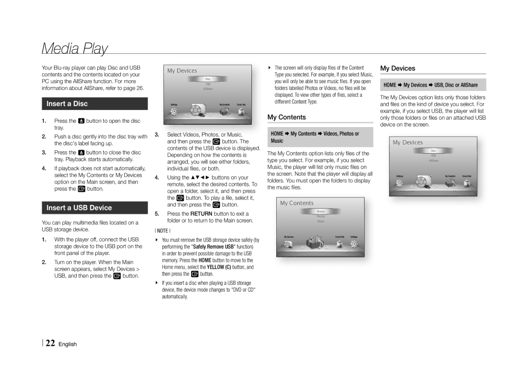 Samsung BD-E5500/SQ manual Media Play, Insert a Disc, Insert a USB Device, My Contents, My Devices 