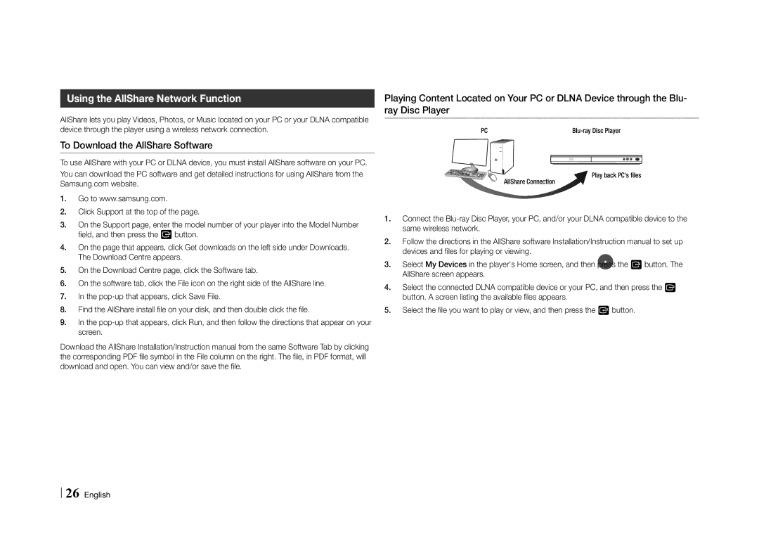 Samsung BD-E5500/SQ manual Using the AllShare Network Function, To Download the AllShare Software, Blu-ray Disc Player 