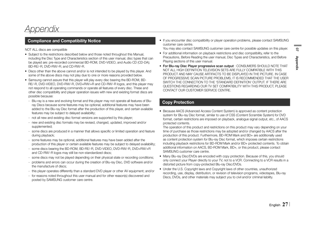 Samsung BD-E5500/SQ manual Appendix, Compliance and Compatibility Notice, Copy Protection, Not ALL discs are compatible 