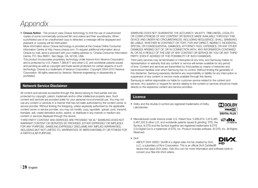 Samsung BD-E5500/SQ manual Network Service Disclaimer, Licence 