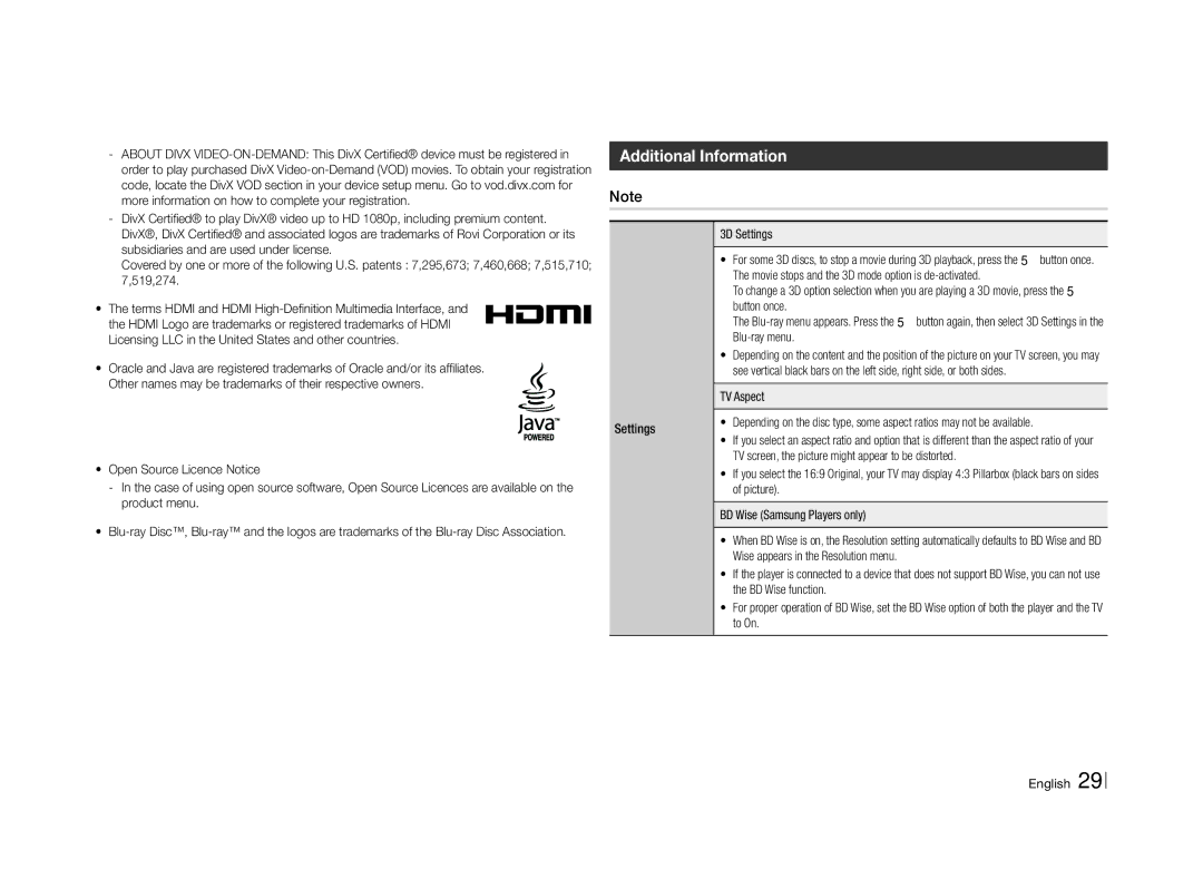 Samsung BD-E5500/SQ Additional Information, 3D Settings, TV Aspect, TV screen, the picture might appear to be distorted 