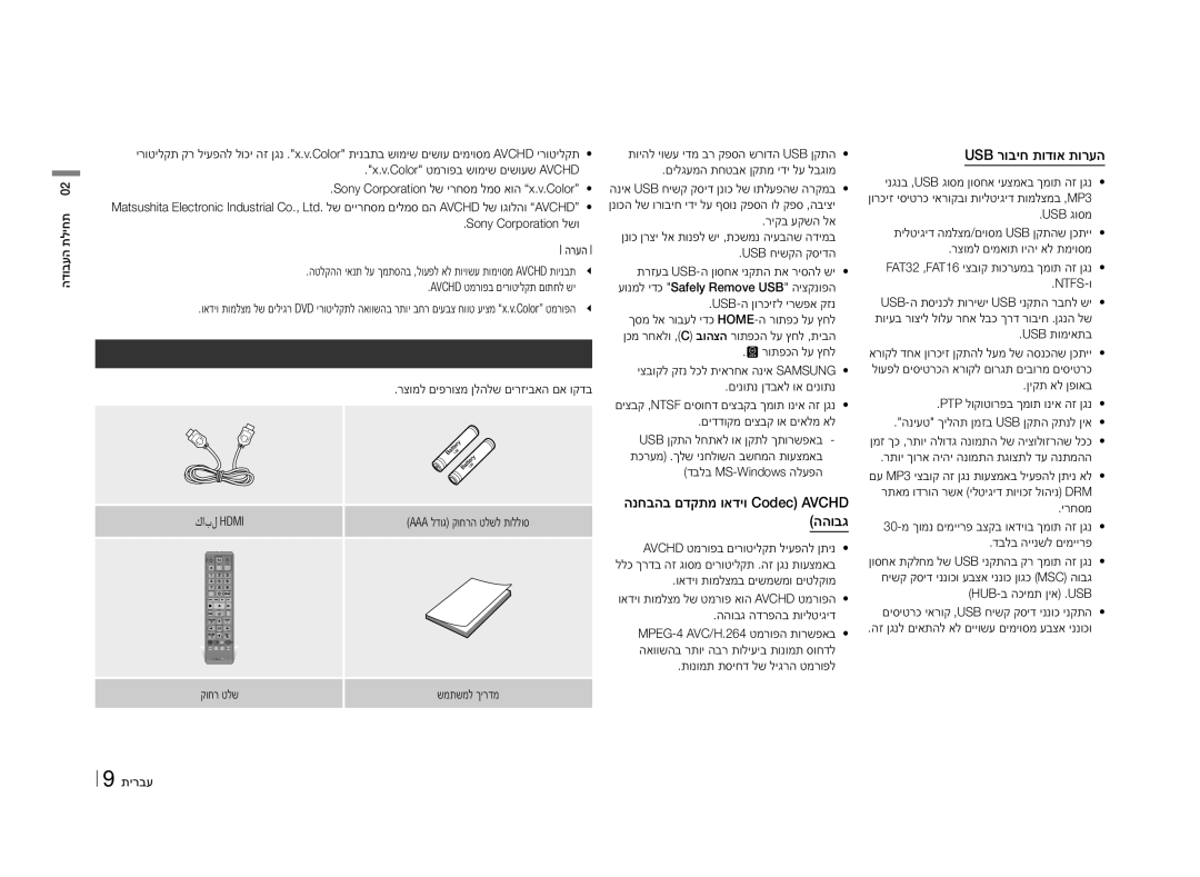 Samsung BD-E5500/SQ manual םירזיבא, הנחבהב םדקתמ ואדיו Codec AVCHD‏ ההובג‎, Usb רוביח תודוא תורעה 