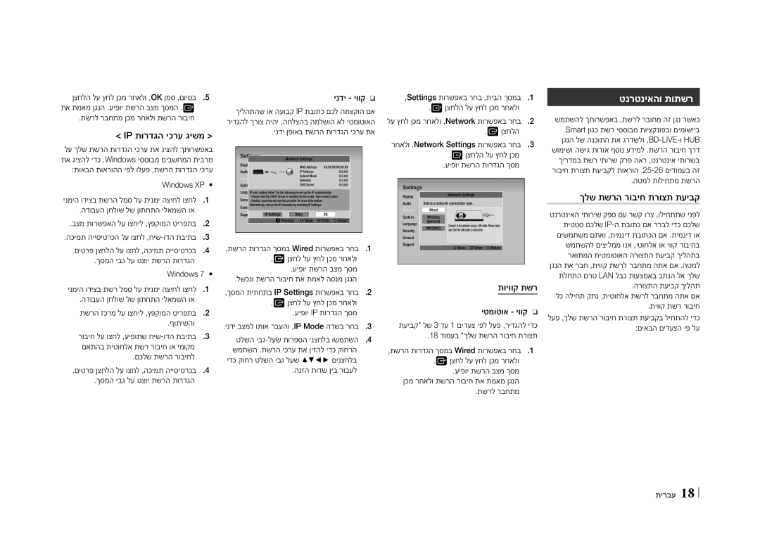 Samsung BD-E5500/SQ manual טנרטניאהו תותשר, Ip תורדגה יכרע גישמ, ךלש תשרה רוביח תרוצת תעיבק, ינדי יווקğ Ğ, יטמוטוא יווקğ Ğ 